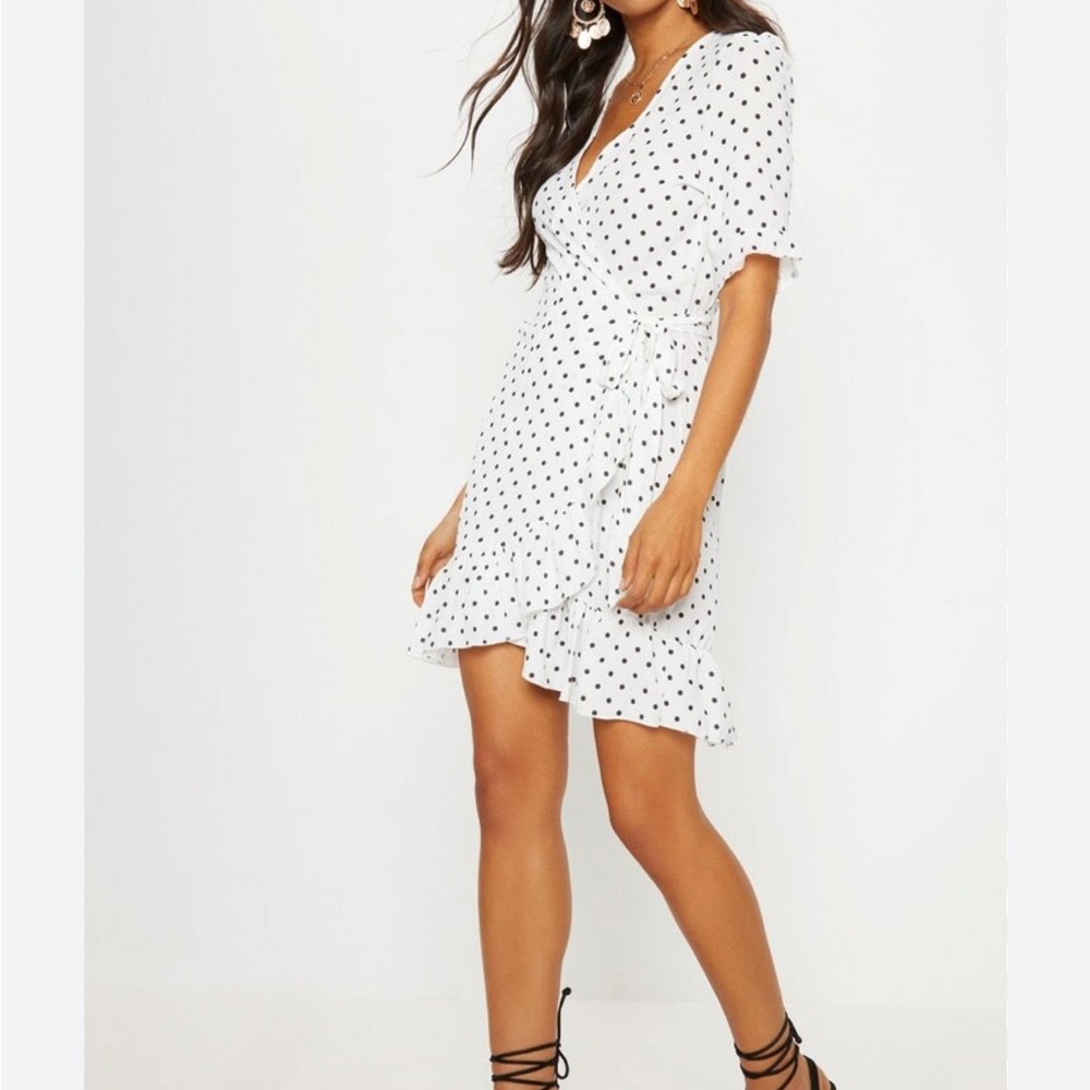 PrettyLittleThing White and Black Polka Dot Dress